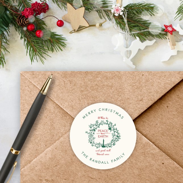 Christmas Peace on Earth Hand Drawn Wreath Name Classic Round Sticker (Keep Christ at the center of Christmas while adding a meaningful, custom touch to your envelopes.)