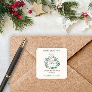 Christmas Peace on Earth Hand Drawn Wreath Name Square Sticker