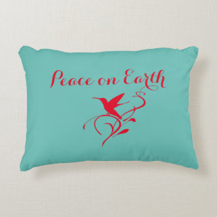 Christmas Peace on Earth Hummingbird Red & Teal Accent Pillow