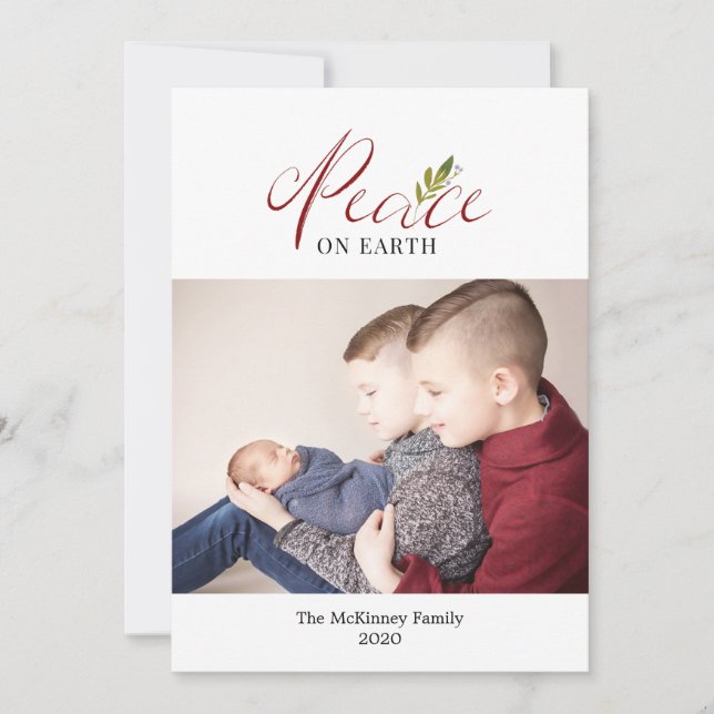 Christmas Peace on Earth Red Burgundy Photo Holiday Card (Front)