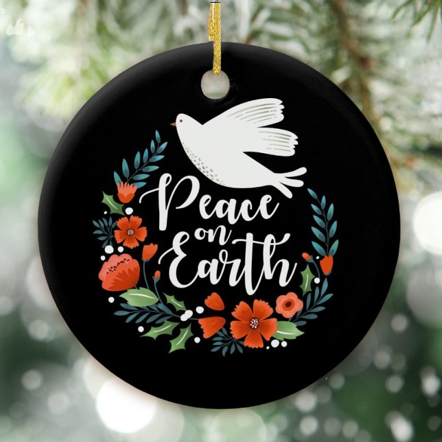 Christmas Peace on Earth Script Ceramic Ornament (An elegant Christmas ornament with the words, Peace on Earth.)