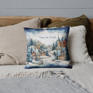 Christmas Peace on Earth Snowy Village Family Name Throw Pillow
