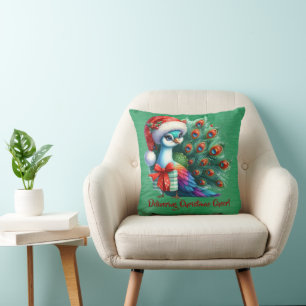 Christmas Peacock In Santa Hat Delivering Cheer Throw Pillow