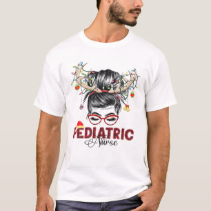 Christmas Pediatric Nurse Messy Bun Funny Nursing T-Shirt