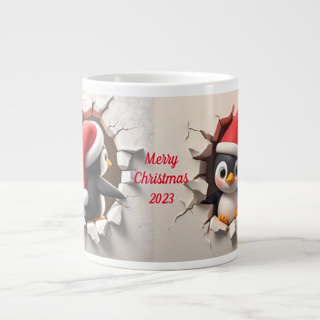 Christmas Penguin 3D Breakout Large Coffee Mug (Front)
