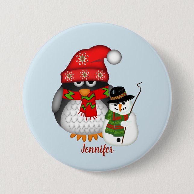 Christmas penguin and snowman with custom name 3 inch round button (Front)