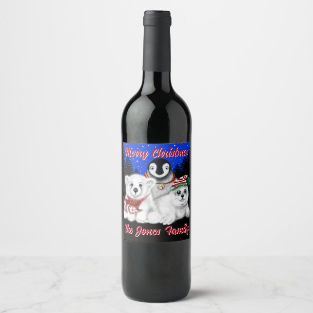 Christmas penguin baby polar bear seal personalize wine label (Front)