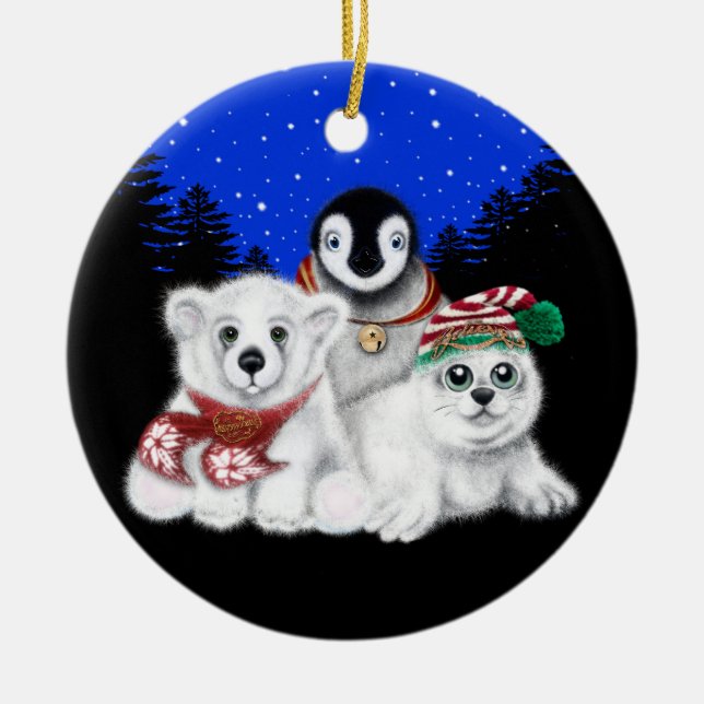 Christmas penguin baby polar bear seal pup  ceramic ornament (Front)