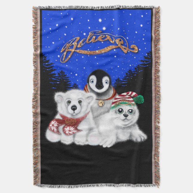 Christmas penguin baby polar bear seal pup  throw blanket (Front Vertical)
