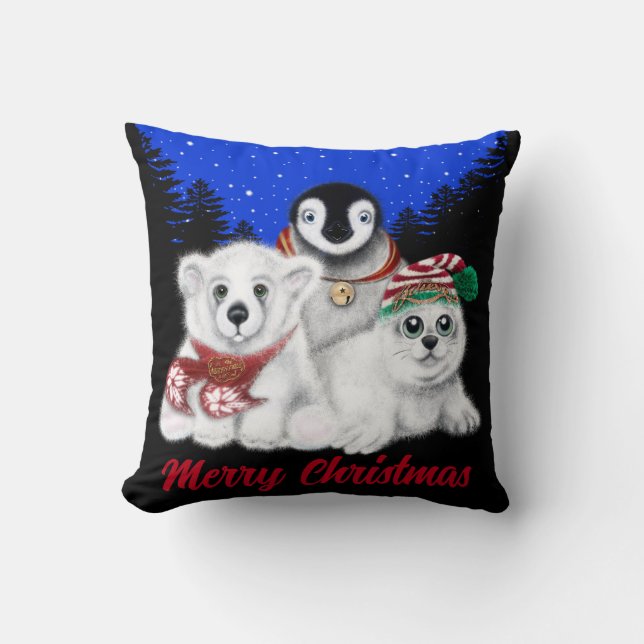 Christmas penguin baby polar bear seal pup  throw pillow (Front)