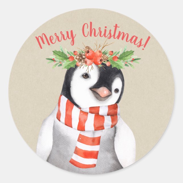 Christmas Penguin Bird Country Holiday Custom Classic Round Sticker (Front)