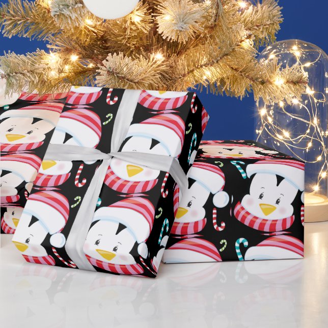 Christmas penguin cartoon candy cane pattern black wrapping paper (Holidays)