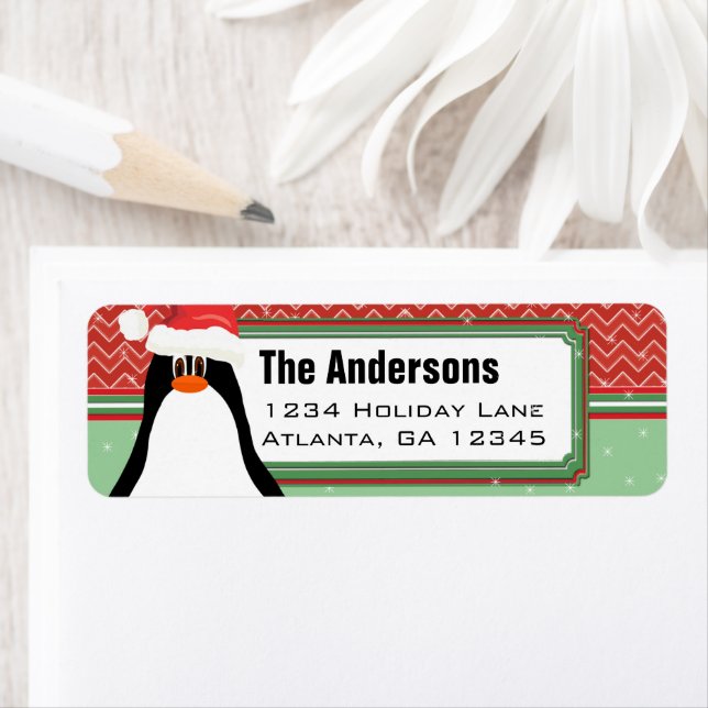 Christmas Penguin Chevron Motif Adresse de retour (En situation)