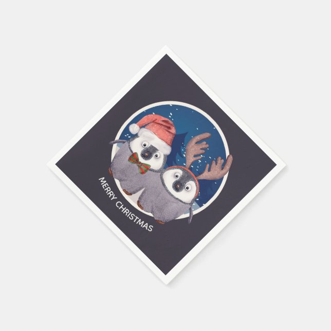 Christmas Penguin Couple Adorable Personalized Napkin (Corner)