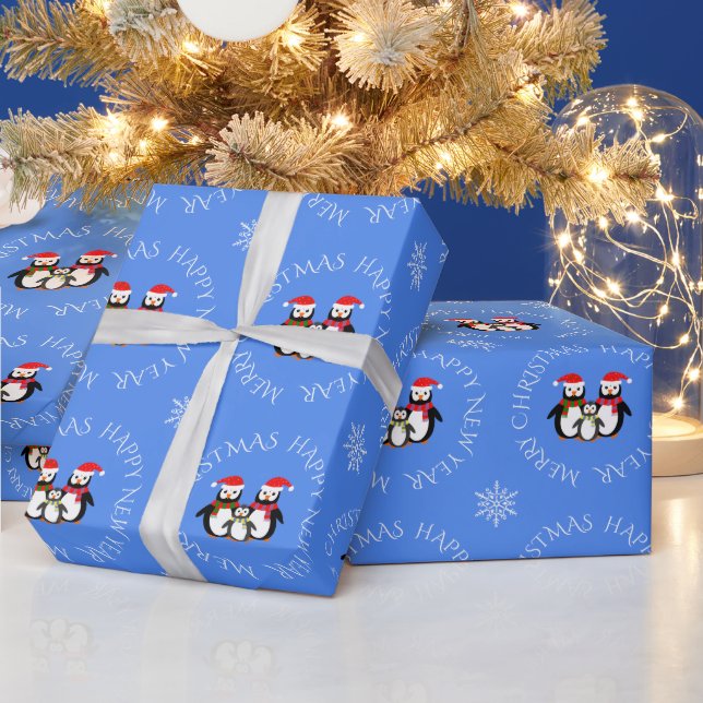 Christmas penguin family custom text blue wrapping paper (Holidays)