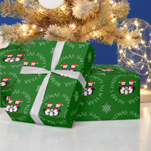Christmas penguin family custom text green wrapping paper