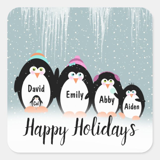 Christmas Penguin Family In Snow Square Sticker (Front)
