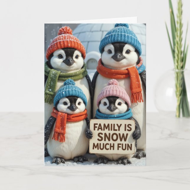 Christmas Penguin Family In Snowflakes Card (Front)