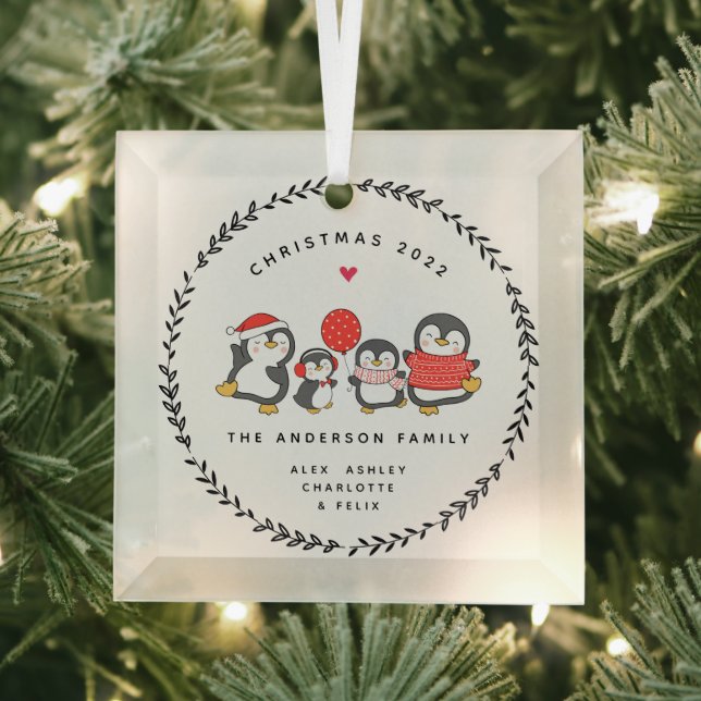 Christmas  Penguin Family Of Four Glass Ornament (Insitu)
