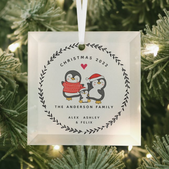 Christmas  Penguin Family Of Three Glass Ornament (Insitu)