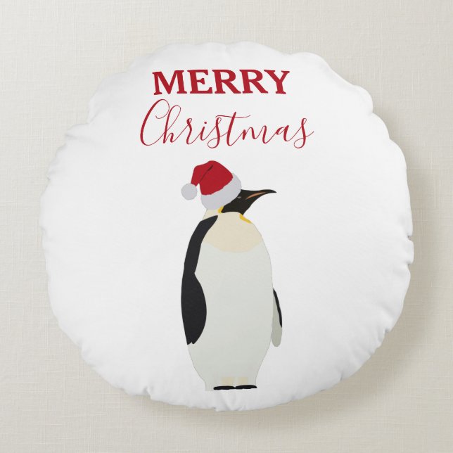 Christmas Penguin Funny Animal with Santa Hat  Round Pillow (Front)