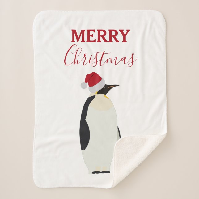 Christmas Penguin Funny Animal with Santa Hat Sherpa Blanket (Front)