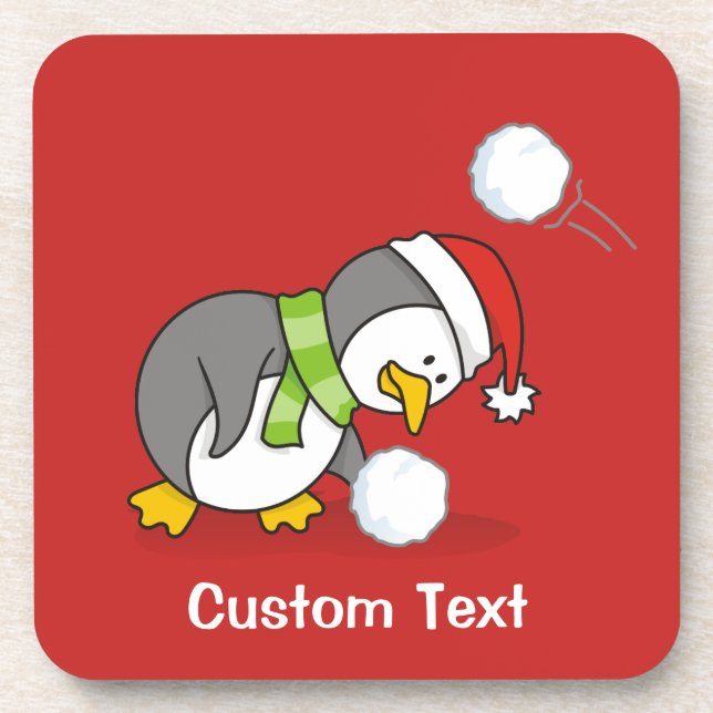 Christmas penguin getting a snow ball coaster (Front)