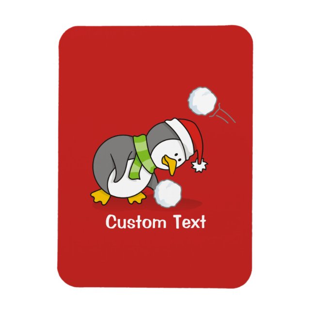 Christmas penguin getting a snow ball magnet (Vertical)
