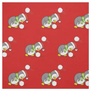 Christmas Penguin Getting a Snow Ball Pattern Fabric