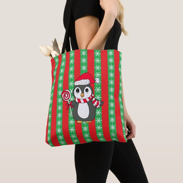 Christmas Penguin Holiday Gift Tote Bag (Close Up)