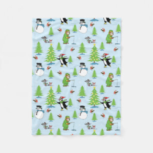Christmas penguin ice skating and bear fisherman fleece blanket