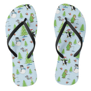 Christmas penguin ice skating and bear fisherman flip flops