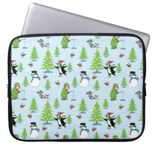Christmas penguin ice skating and bear fisherman laptop sleeve