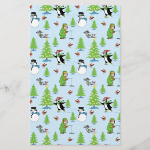 Christmas penguin ice skating and bear fisherman stationery