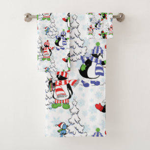 Christmas penguin ice skating bath towel set
