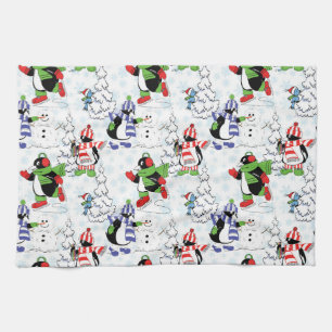 Christmas penguin ice skating kitchen towel