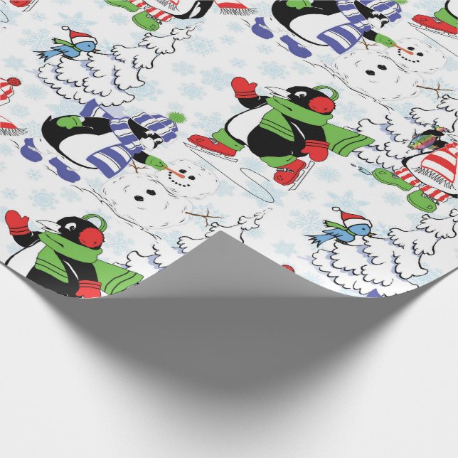 Christmas penguin ice skating wrapping paper (Corner)