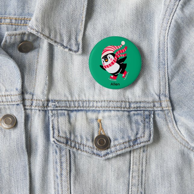 Christmas Penguin in a Hat and Scarf on Skates 2 Inch Round Button (In Situ)