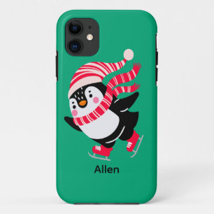 Christmas Penguin in a Hat and Scarf on Skates iPhone 11 Case