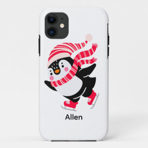 Christmas Penguin in a Hat and Scarf on Skates iPhone 11 Case