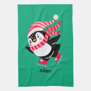 Christmas Penguin in a Hat and Scarf on Skates Kitchen Towel
