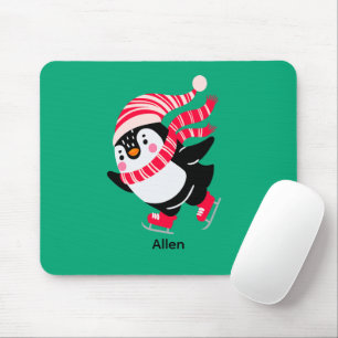 Christmas Penguin in a Hat and Scarf on Skates Mouse Pad