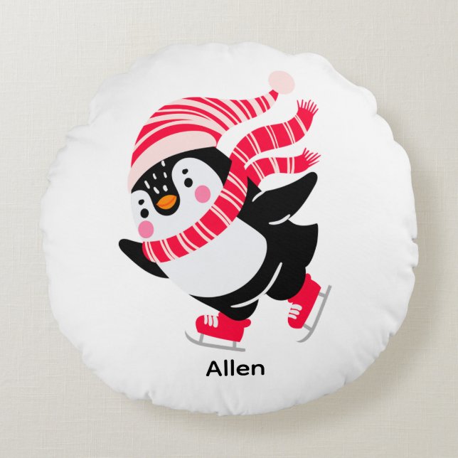 Christmas Penguin in a Hat and Scarf on Skates Round Pillow (Front)