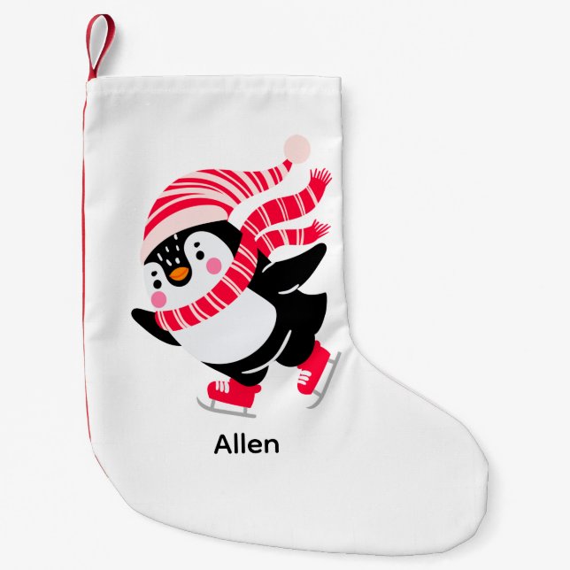 Christmas Penguin in a Hat and Scarf on Skates Small Christmas Stocking (Front)