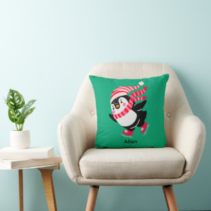 Christmas Penguin in a Hat and Scarf on Skates Throw Pillow