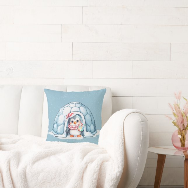 Christmas Penguin In Snowflakes Throw Pillow (Couch)