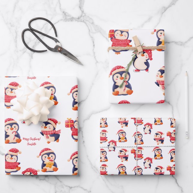 Christmas Penguin name Wrapping Paper Sheet (Front)