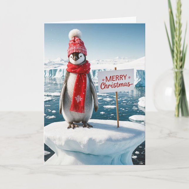 Christmas Penguin On An Iceberg Holiday Card (Front)