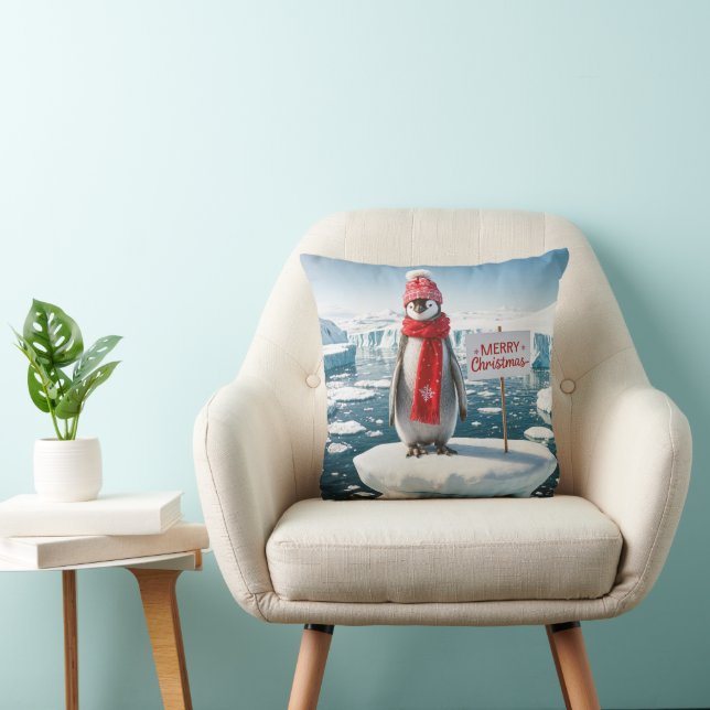 Christmas Penguin On An Iceberg Throw Pillow (Chair)