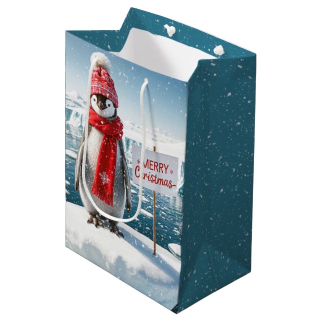 Christmas Penguin On Iceberg Medium Gift Bag (Front Angled)